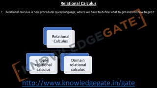 http://www.knowledgegate.in/gate
Relational Calculus
• Relational calculus is non-procedural query language, where we have to define what to get and not how to get it
Relational
Calculus
Tuple
relational
calculus
Domain
relational
calculus
 