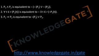 http://www.knowledgegate.in/gate
In the tuple relational calculus, equivalences include the following three rules:
1. P1 ∧ P2 is equivalent to ¬ (¬ (P1) ∨ ¬ (P2)).
2. ∀ t ∈ r (P1(t)) is equivalent to ¬ ∃ t ∈ r (¬P1(t)).
3. P1 ⇒ P2 is equivalent to ¬(P1) ∨ P2.
 