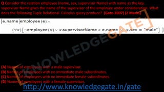 http://www.knowledgegate.in/gate
Q Consider the relation employee (name, sex, supervisor Name) with name as the key.
supervisor Name gives the name of the supervisor of the employee under consideration. What
does the following Tuple Relational Calculus query produce? (Gate-2007) (2 Marks)
(A) Names of employees with a male supervisor.
(B) Names of employees with no immediate male subordinates.
(C) Names of employees with no immediate female subordinates.
(D) Names of employees with a female supervisor.
 