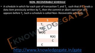 http://www.knowledgegate.in/gate
NON- RECOVERABLE SCHEDULE
• A schedule in which for each pair of transaction Ti and Tj , such that if Tj reads a
data item previously written by Ti, then the commit or abort operation of Ti
appears before Tj. Such a schedule is called Non- Recoverable schedule.
S
T1 T2
R(X)
W(X)
R(X)
C
C
 