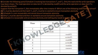 http://www.knowledgegate.in/gate
Q Consider the following partial Schedule S involving two transactions T1 and T2. Only the read and the write operations
have been shown. The read operation on data item P is denoted by read(P) and the write operation on data item P is
denoted by write(P).
Suppose that the transaction T1 fails immediately after time instance 9. Which one of the following statements is correct?
(A) T2 must be aborted and then both T1 and T2 must be re-started to ensure transaction atomicity
(B) Schedule S is non-recoverable and cannot ensure transaction atomicity
(C) Only T2 must be aborted and then re-started to ensure transaction atomicity
(D) Schedule S is recoverable and can ensure atomicity and nothing else needs to be done
 