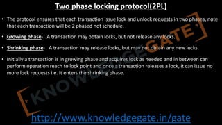 http://www.knowledgegate.in/gate
Two phase locking protocol(2PL)
• The protocol ensures that each transaction issue lock and unlock requests in two phases, note
that each transaction will be 2 phased not schedule.
• Growing phase- A transaction may obtain locks, but not release any locks.
• Shrinking phase- A transaction may release locks, but may not obtain any new locks.
• Initially a transaction is in growing phase and acquires lock as needed and in between can
perform operation reach to lock point and once a transaction releases a lock, it can issue no
more lock requests i.e. it enters the shrinking phase.
 