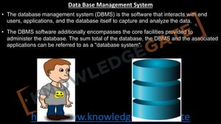 http://www.knowledgegate.in/gate
Data Base Management System
• The database management system (DBMS) is the software that interacts with end
users, applications, and the database itself to capture and analyze the data.
• The DBMS software additionally encompasses the core facilities provided to
administer the database. The sum total of the database, the DBMS and the associated
applications can be referred to as a "database system".
 