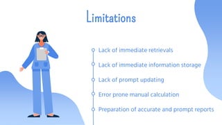 Limitations
Lack of immediate retrievals
Lack of immediate information storage
Lack of prompt updating
Error prone manual calculation
Preparation of accurate and prompt reports
 