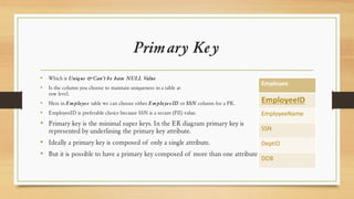 Primary Key
• Which is Unique &Can’t be have NULL Value
• Is the column you choose to maintain uniqueness in a table at
row level.
• Here in Employee table we can choose either EmployeeID or SSN column for a PK.
• EmployeeID is preferable choice because SSN is a secure (PII) value.
• Primary key is the minimal super keys. In the ER diagram primary key is
represented by underlining the primary key attribute.
• Ideally a primary key is composed of only a single attribute.
• But it is possible to have a primary key composed of more than one attribute.
 