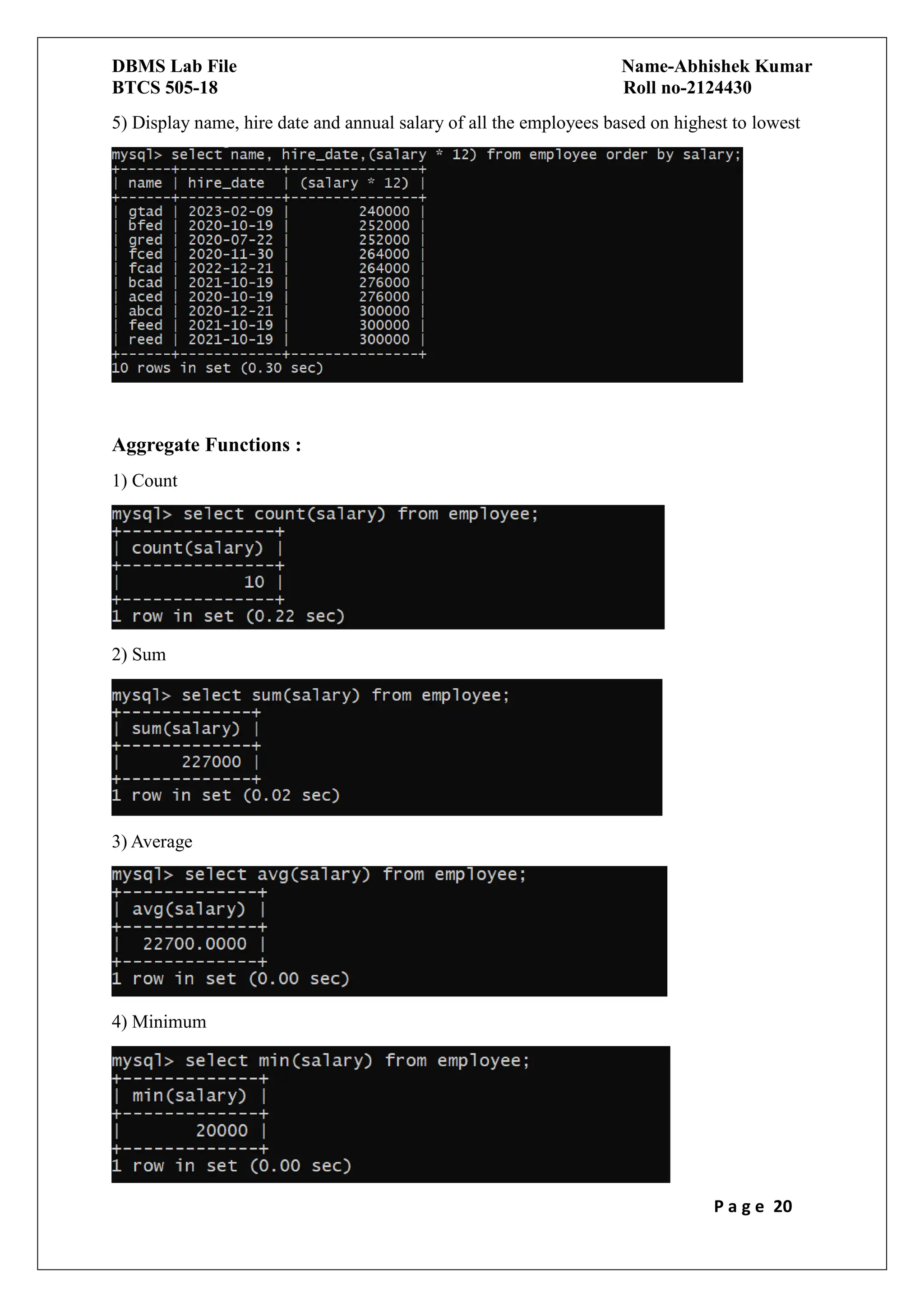 DBMS Lab File Name-Abhishek Kumar
BTCS 505-18 Roll no-2124430
P a g e 20
5) Display name, hire date and annual salary of all the employees based on highest to lowest
Aggregate Functions :
1) Count
2) Sum
3) Average
4) Minimum
 