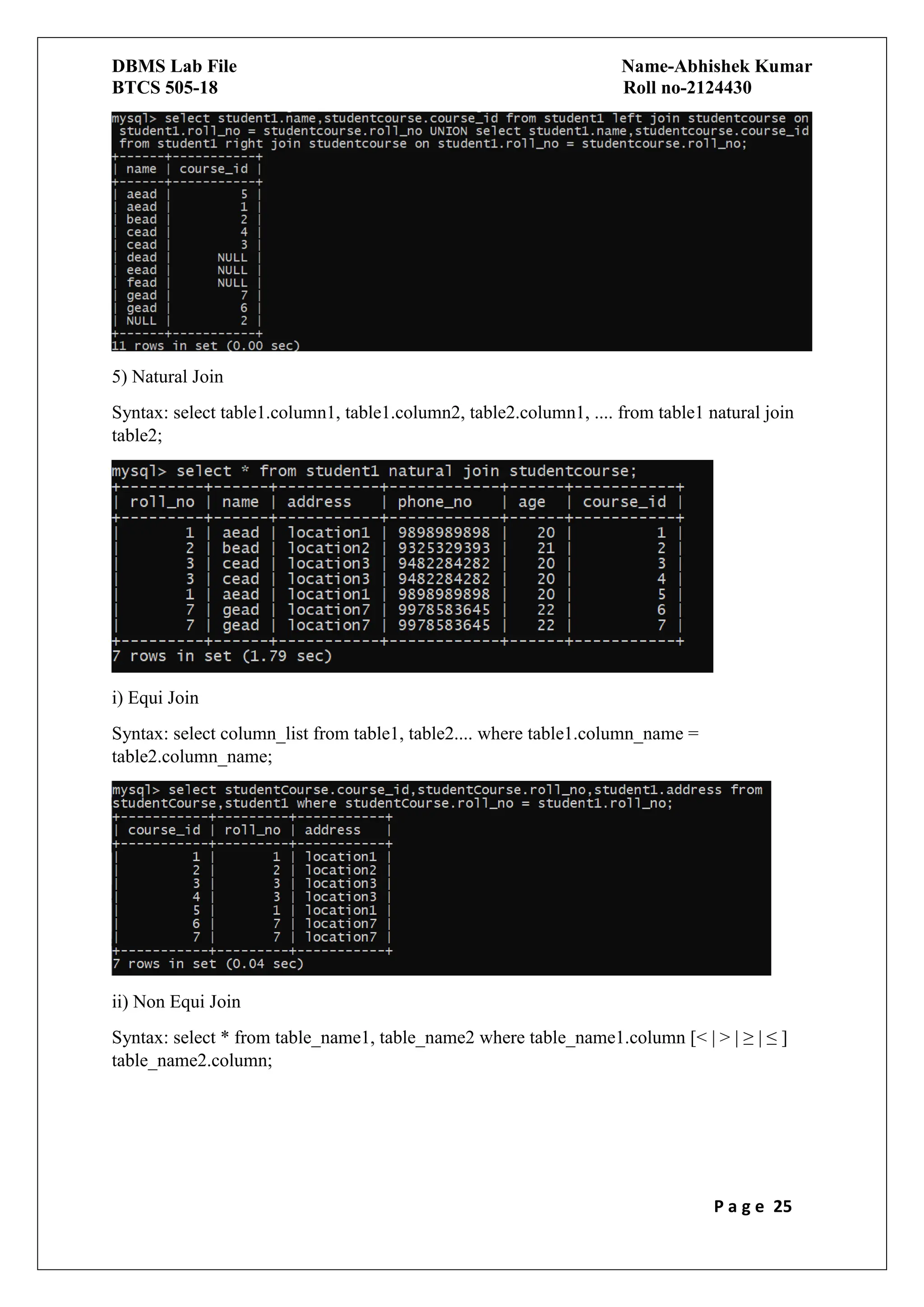 DBMS Lab File Name-Abhishek Kumar
BTCS 505-18 Roll no-2124430
P a g e 25
5) Natural Join
Syntax: select table1.column1, table1.column2, table2.column1, .... from table1 natural join
table2;
i) Equi Join
Syntax: select column_list from table1, table2.... where table1.column_name =
table2.column_name;
ii) Non Equi Join
Syntax: select * from table_name1, table_name2 where table_name1.column [˂ | ˃ | ≥ | ≤ ]
table_name2.column;
 