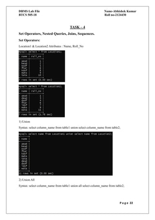 DBMS LAB FILE1 task 1 , task 2, task3 and many more.pdf | Databases ...