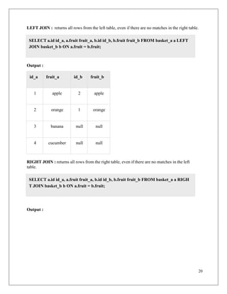20
LEFT JOIN : returns all rows from the left table, even if there are no matches in the right table.
Output :
id_a fruit_a id_b fruit_b
1 apple 2 apple
2 orange 1 orange
3 banana null null
4 cucumber null null
RIGHT JOIN : returns all rows from the right table, even if there are no matches in the left
table.
Output :
SELECT a.id id_a, a.fruit fruit_a, b.id id_b, b.fruit fruit_b FROM basket_a a LEFT
JOIN basket_b b ON a.fruit = b.fruit;
SELECT a.id id_a, a.fruit fruit_a, b.id id_b, b.fruit fruit_b FROM basket_a a RIGH
T JOIN basket_b b ON a.fruit = b.fruit;
 