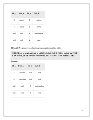 21
id_a fruit_a id_b fruit_b
2 orange 1 orange
1 apple 2 apple
null null 3 watermelon
null null 4 pear
FULL JOIN: returns rows when there is a match in one of the tables.
Output :
id_a fruit_a id_b fruit_b
3 banana null null
4 cucumber null null
null null 3 watermelon
null null 4 pear
SELECT a.id id_a, a.fruit fruit_a, b.id id_b, b.fruit fruit_b FROM basket_a a FULL
JOIN basket_b b ON a.fruit = b.fruit WHERE a.id IS NULL OR b.id IS NULL;
 