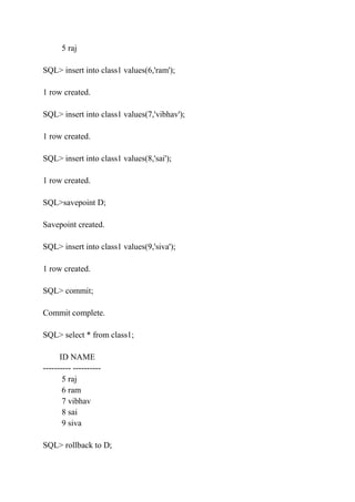 5 raj
SQL> insert into class1 values(6,'ram');
1 row created.
SQL> insert into class1 values(7,'vibhav');
1 row created.
SQL> insert into class1 values(8,'sai');
1 row created.
SQL>savepoint D;
Savepoint created.
SQL> insert into class1 values(9,'siva');
1 row created.
SQL> commit;
Commit complete.
SQL> select * from class1;
ID NAME
---------- ----------
5 raj
6 ram
7 vibhav
8 sai
9 siva
SQL> rollback to D;
 