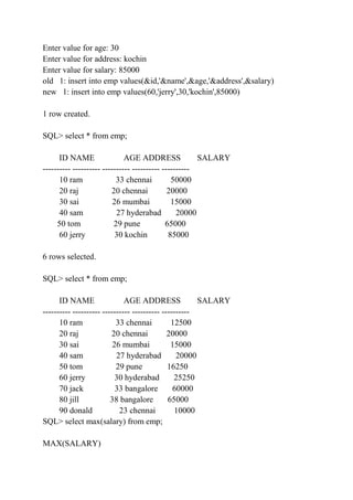 Enter value for age: 30
Enter value for address: kochin
Enter value for salary: 85000
old 1: insert into emp values(&id,'&name',&age,'&address',&salary)
new 1: insert into emp values(60,'jerry',30,'kochin',85000)
1 row created.
SQL> select * from emp;
ID NAME AGE ADDRESS SALARY
---------- ---------- ---------- ---------- ----------
10 ram 33 chennai 50000
20 raj 20 chennai 20000
30 sai 26 mumbai 15000
40 sam 27 hyderabad 20000
50 tom 29 pune 65000
60 jerry 30 kochin 85000
6 rows selected.
SQL> select * from emp;
ID NAME AGE ADDRESS SALARY
---------- ---------- ---------- ---------- ----------
10 ram 33 chennai 12500
20 raj 20 chennai 20000
30 sai 26 mumbai 15000
40 sam 27 hyderabad 20000
50 tom 29 pune 16250
60 jerry 30 hyderabad 25250
70 jack 33 bangalore 60000
80 jill 38 bangalore 65000
90 donald 23 chennai 10000
SQL> select max(salary) from emp;
MAX(SALARY)
 