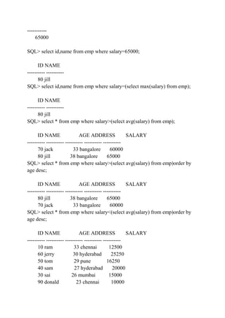 -----------
65000
SQL> select id,name from emp where salary=65000;
ID NAME
---------- ----------
80 jill
SQL> select id,name from emp where salary=(select max(salary) from emp);
ID NAME
---------- ----------
80 jill
SQL> select * from emp where salary>(select avg(salary) from emp);
ID NAME AGE ADDRESS SALARY
---------- ---------- ---------- ---------- ----------
70 jack 33 bangalore 60000
80 jill 38 bangalore 65000
SQL> select * from emp where salary>(select avg(salary) from emp)order by
age desc;
ID NAME AGE ADDRESS SALARY
---------- ---------- ---------- ---------- ----------
80 jill 38 bangalore 65000
70 jack 33 bangalore 60000
SQL> select * from emp where salary<(select avg(salary) from emp)order by
age desc;
ID NAME AGE ADDRESS SALARY
---------- ---------- ---------- ---------- ----------
10 ram 33 chennai 12500
60 jerry 30 hyderabad 25250
50 tom 29 pune 16250
40 sam 27 hyderabad 20000
30 sai 26 mumbai 15000
90 donald 23 chennai 10000
 