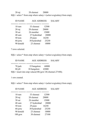 20 raj 20 chennai 20000
SQL> select * from emp where salary<=(select avg(salary) from emp);
ID NAME AGE ADDRESS SALARY
---------- ---------- ---------- ---------- ----------
10 ram 33 chennai 12500
20 raj 20 chennai 20000
30 sai 26 mumbai 15000
40 sam 27 hyderabad 20000
50 tom 29 pune 16250
60 jerry 30 hyderabad 25250
90 donald 23 chennai 10000
7 rows selected.
SQL> select * from emp where salary>=(select avg(salary) from emp);
ID NAME AGE ADDRESS SALARY
---------- ---------- ---------- ---------- ----------
70 jack 33 bangalore 60000
80 jill 38 bangalore 65000
SQL> insert into emp values(100,'gow',30,'chennai',27100);
1 row created.
SQL> select * from emp where salary<=(select avg(salary) from emp);
ID NAME AGE ADDRESS SALARY
---------- ---------- ---------- ---------- ----------
10 ram 33 chennai 12500
20 raj 20 chennai 20000
30 sai 26 mumbai 15000
40 sam 27 hyderabad 20000
50 tom 29 pune 16250
60 jerry 30 hyderabad 25250
90 donald 23 chennai 10000
100 gow 30 chennai 27100
 