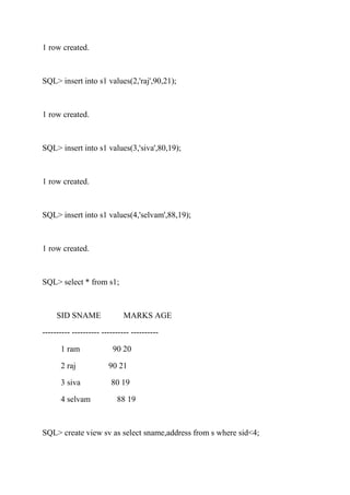 1 row created.
SQL> insert into s1 values(2,'raj',90,21);
1 row created.
SQL> insert into s1 values(3,'siva',80,19);
1 row created.
SQL> insert into s1 values(4,'selvam',88,19);
1 row created.
SQL> select * from s1;
SID SNAME MARKS AGE
---------- ---------- ---------- ----------
1 ram 90 20
2 raj 90 21
3 siva 80 19
4 selvam 88 19
SQL> create view sv as select sname,address from s where sid<4;
 