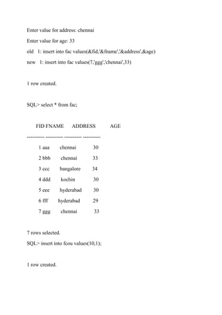 Enter value for address: chennai
Enter value for age: 33
old 1: insert into fac values(&fid,'&fname','&address',&age)
new 1: insert into fac values(7,'ggg','chennai',33)
1 row created.
SQL> select * from fac;
FID FNAME ADDRESS AGE
---------- ---------- ---------- ----------
1 aaa chennai 30
2 bbb chennai 33
3 ccc bangalore 34
4 ddd kochin 30
5 eee hyderabad 30
6 fff hyderabad 29
7 ggg chennai 33
7 rows selected.
SQL> insert into fcou values(10,1);
1 row created.
 