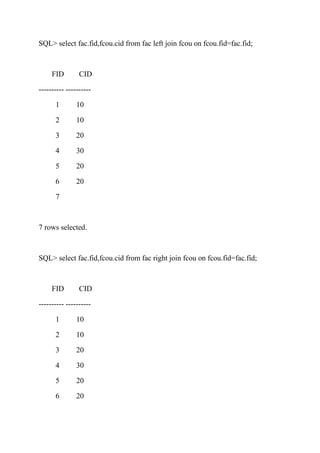 SQL> select fac.fid,fcou.cid from fac left join fcou on fcou.fid=fac.fid;
FID CID
---------- ----------
1 10
2 10
3 20
4 30
5 20
6 20
7
7 rows selected.
SQL> select fac.fid,fcou.cid from fac right join fcou on fcou.fid=fac.fid;
FID CID
---------- ----------
1 10
2 10
3 20
4 30
5 20
6 20
 