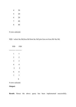 4 30
5 20
6 20
7 40
8 40
8 rows selected.
SQL> select fac.fid,fcou.fid from fac full join fcou on fcou.fid=fac.fid;
FID FID
---------- ----------
1 1
2 2
3 3
4 4
5 5
6 6
7 7
8
8 rows selected.
Output:
Result: Hence the above query has been implemented successfully.
 