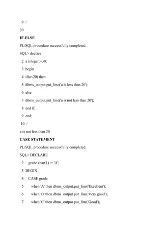 9 /
30
IF-ELSE
PL/SQL procedure successfully completed.
SQL> declare
2 a integer:=30;
3 begin
4 if(a<20) then
5 dbms_output.put_line('a is less than 20');
6 else
7 dbms_output.put_line('a is not less than 20');
8 end if;
9 end;
10 /
a is not less than 20
CASE STATEMENT
PL/SQL procedure successfully completed.
SQL> DECLARE
2 grade char(1) := 'A';
3 BEGIN
4 CASE grade
5 when 'A' then dbms_output.put_line('Excellent');
6 when 'B' then dbms_output.put_line('Very good');
7 when 'C' then dbms_output.put_line('Good');
 