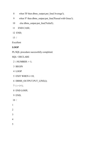 8 when 'D' then dbms_output.put_line('Average');
9 when 'F' then dbms_output.put_line('Passed with Grace');
10 else dbms_output.put_line('Failed');
11 END CASE;
12 END;
13 /
Excellent
LOOP
PL/SQL procedure successfully completed.
SQL> DECLARE
2 i NUMBER := 1;
3 BEGIN
4 LOOP
5 EXIT WHEN i>10;
6 DBMS_OUTPUT.PUT_LINE(i);
7 i := i+1;
8 END LOOP;
9 END;
10 /
1
2
3
4
5
 