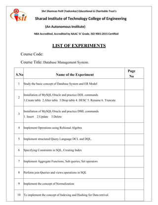 Comprehensive Database Management System Experiments and SQL Practice ...