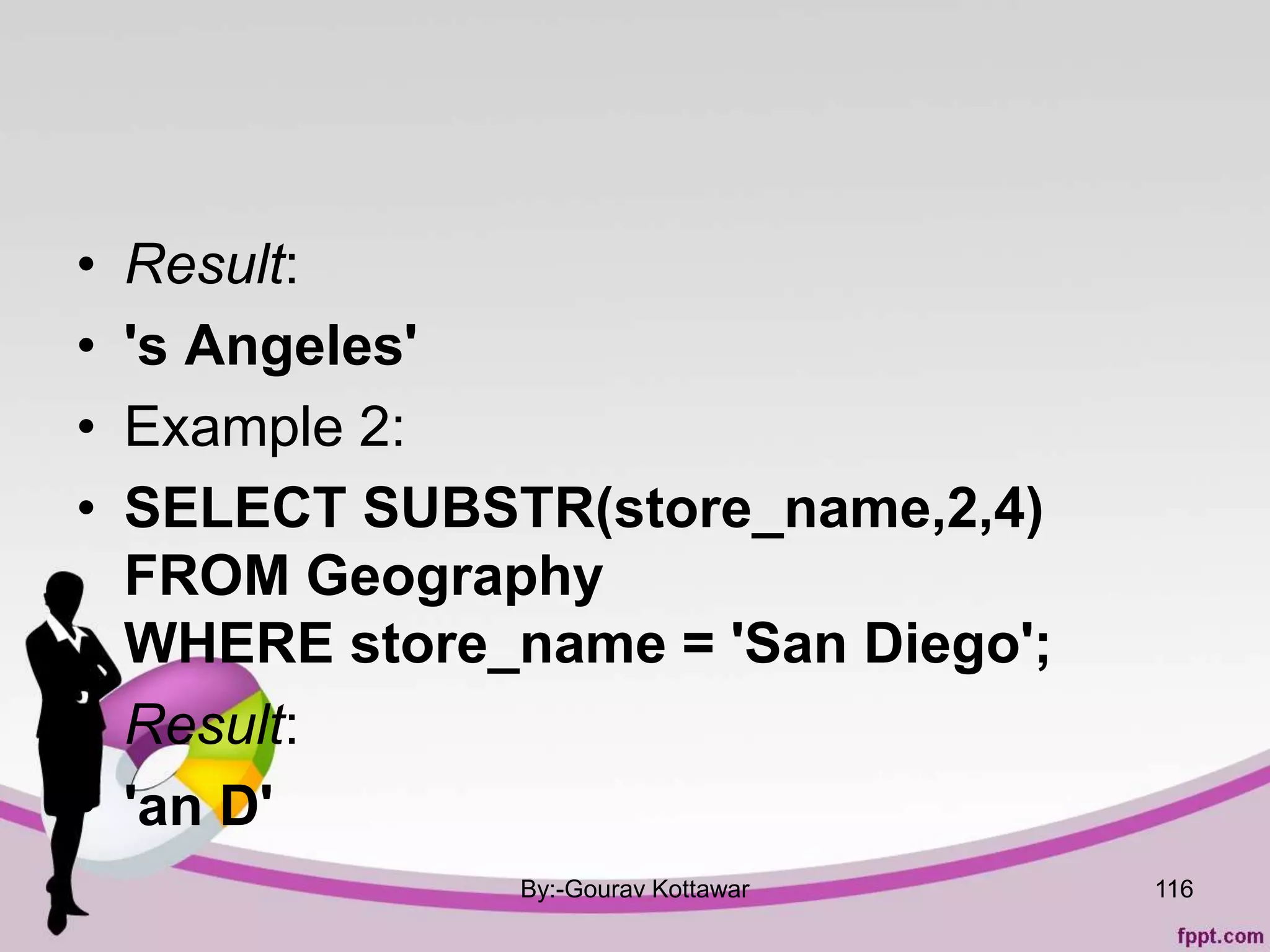 • Result:
• 's Angeles'
• Example 2:
• SELECT SUBSTR(store_name,2,4)
FROM Geography
WHERE store_name = 'San Diego';
• Result:
• 'an D'
By:-Gourav Kottawar 116
 