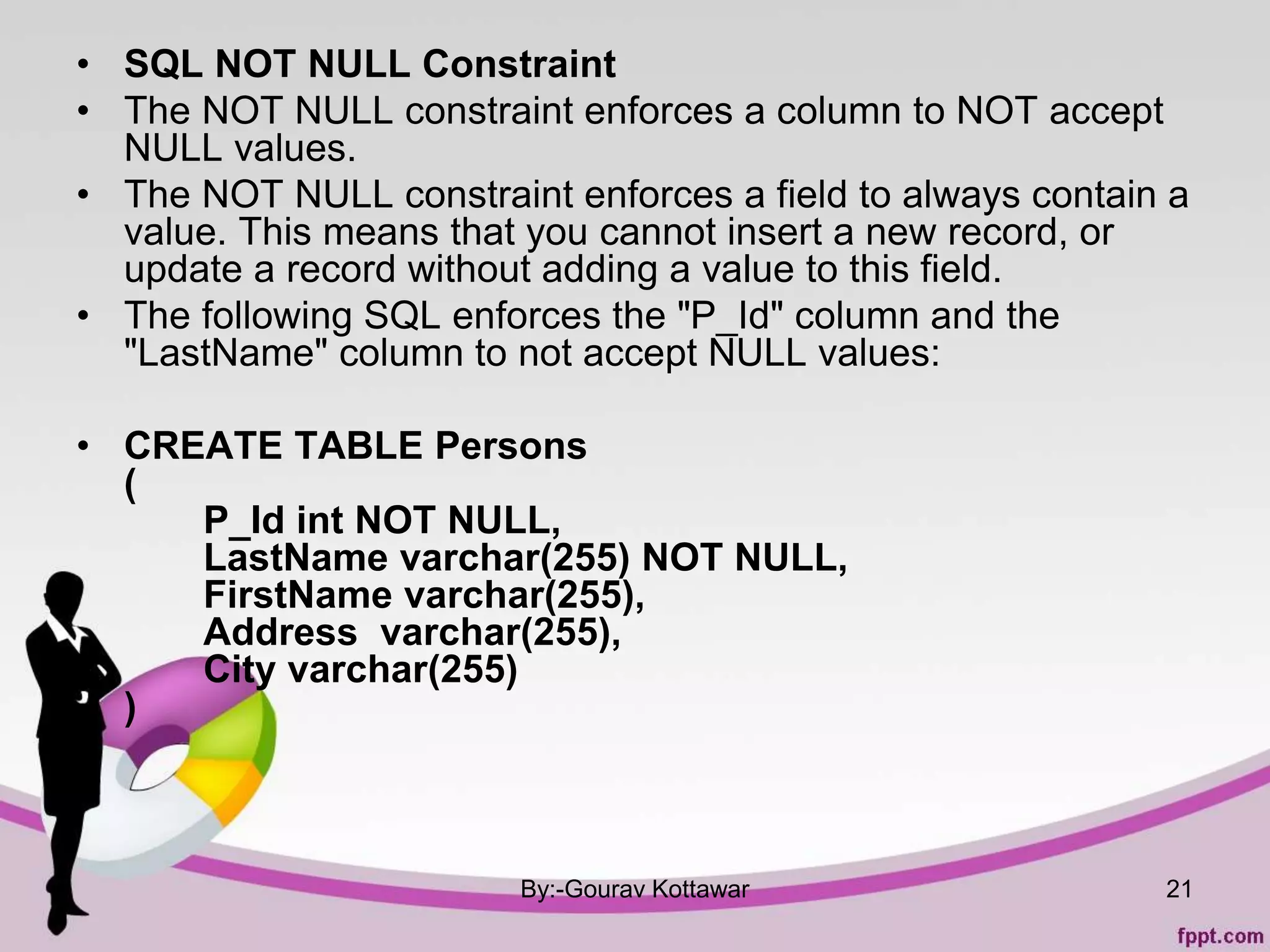 • SQL NOT NULL Constraint
• The NOT NULL constraint enforces a column to NOT accept
NULL values.
• The NOT NULL constraint enforces a field to always contain a
value. This means that you cannot insert a new record, or
update a record without adding a value to this field.
• The following SQL enforces the "P_Id" column and the
"LastName" column to not accept NULL values:
• CREATE TABLE Persons
(
P_Id int NOT NULL,
LastName varchar(255) NOT NULL,
FirstName varchar(255),
Address varchar(255),
City varchar(255)
)
By:-Gourav Kottawar 21
 