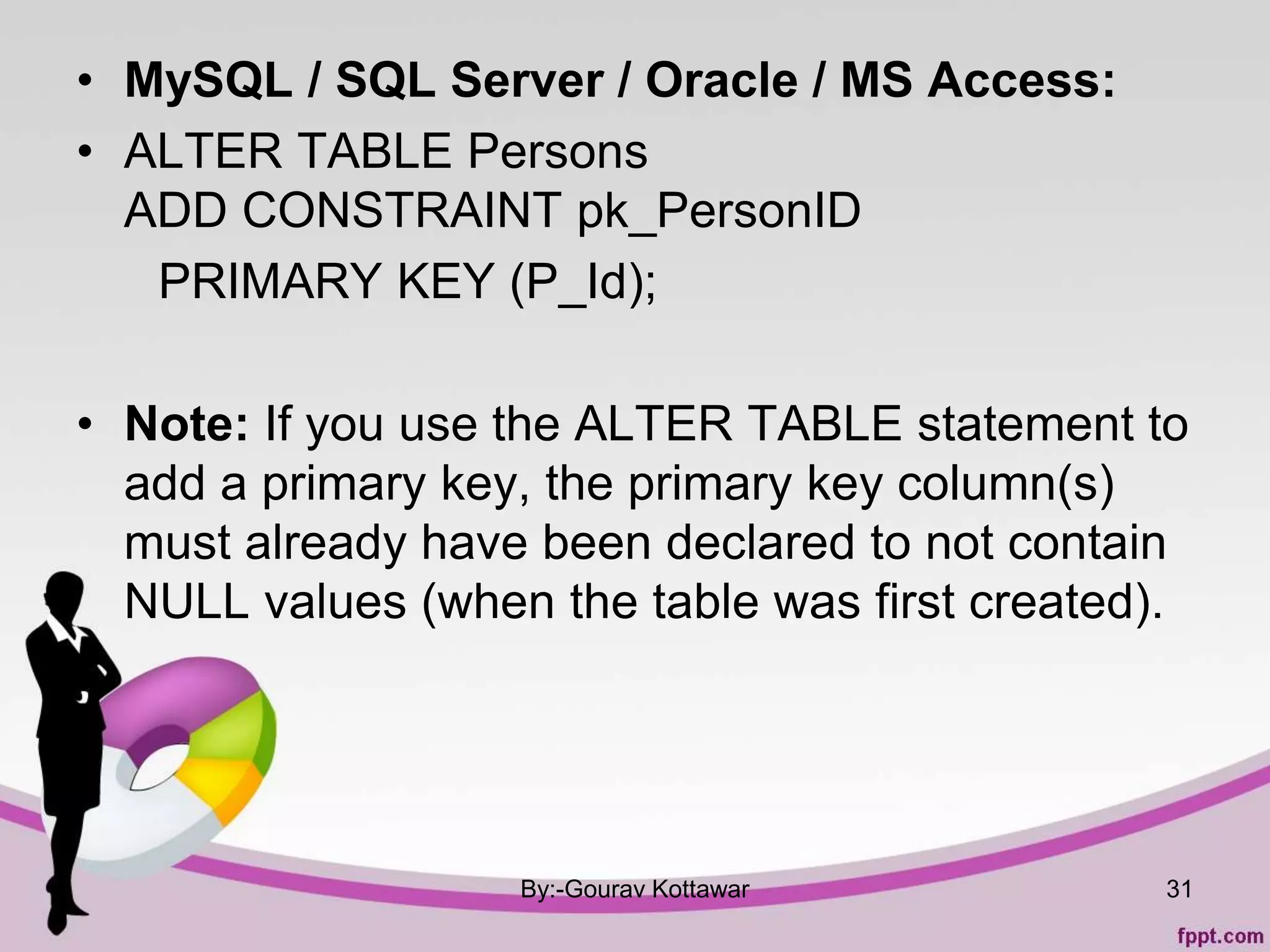 • MySQL / SQL Server / Oracle / MS Access:
• ALTER TABLE Persons
ADD CONSTRAINT pk_PersonID
PRIMARY KEY (P_Id);
• Note: If you use the ALTER TABLE statement to
add a primary key, the primary key column(s)
must already have been declared to not contain
NULL values (when the table was first created).
By:-Gourav Kottawar 31
 
