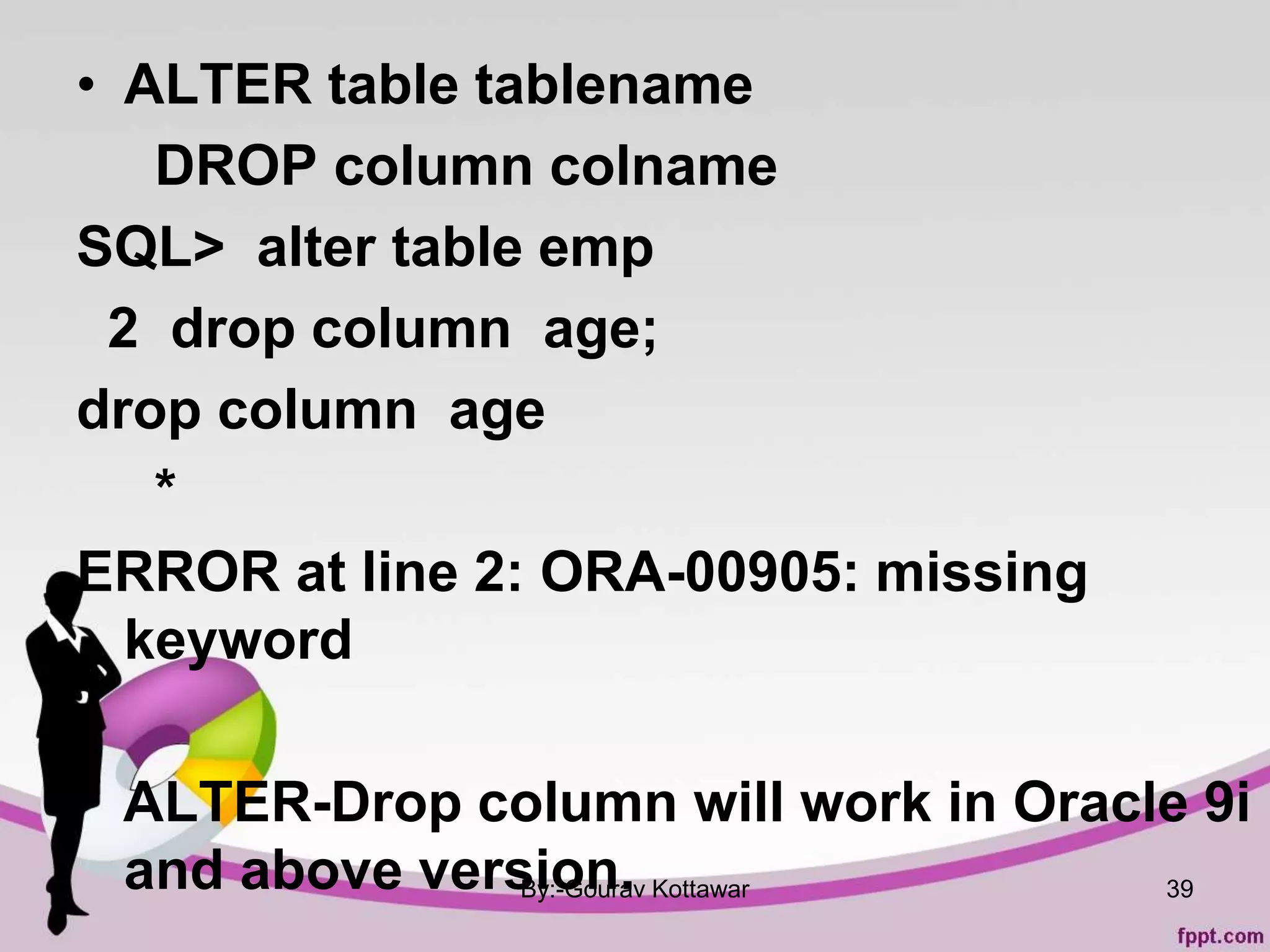 • ALTER table tablename
DROP column colname
SQL> alter table emp
2 drop column age;
drop column age
*
ERROR at line 2: ORA-00905: missing
keyword
ALTER-Drop column will work in Oracle 9i
and above version.By:-Gourav Kottawar 39
 
