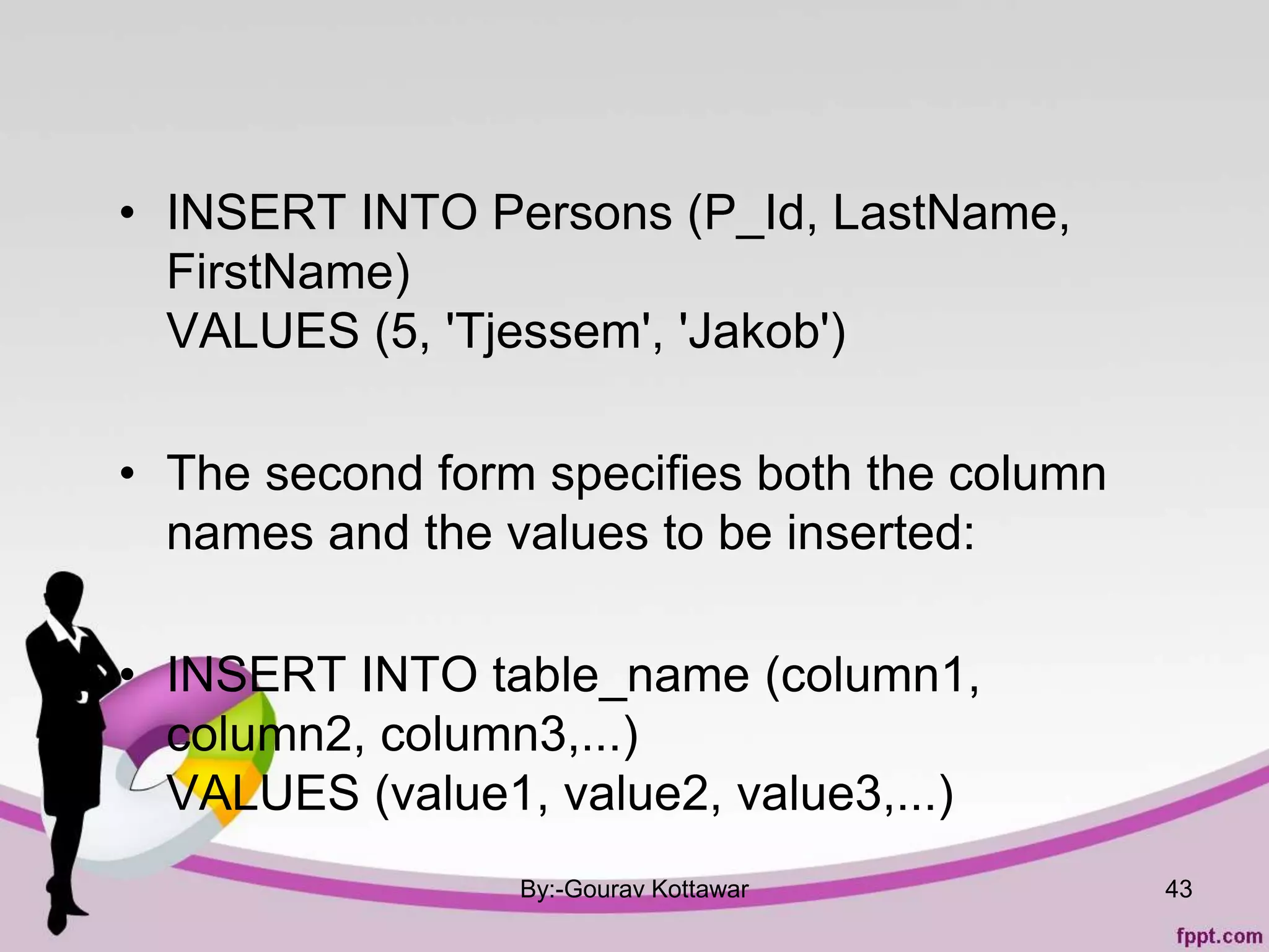 • INSERT INTO Persons (P_Id, LastName,
FirstName)
VALUES (5, 'Tjessem', 'Jakob')
• The second form specifies both the column
names and the values to be inserted:
• INSERT INTO table_name (column1,
column2, column3,...)
VALUES (value1, value2, value3,...)
By:-Gourav Kottawar 43
 
