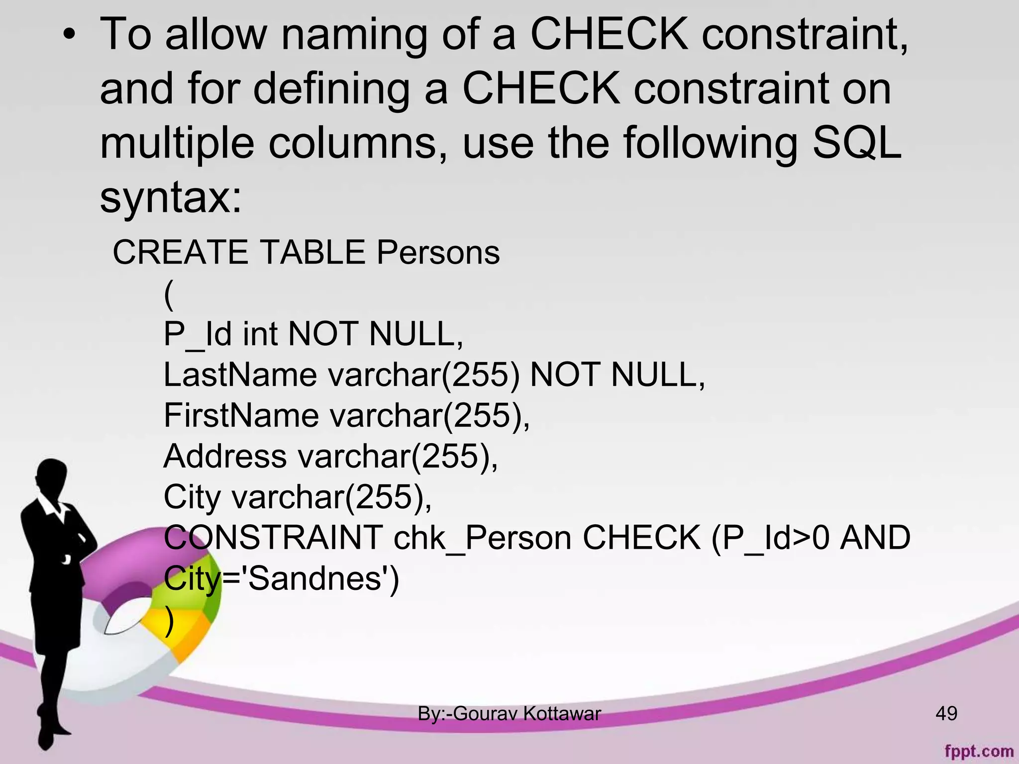 • To allow naming of a CHECK constraint,
and for defining a CHECK constraint on
multiple columns, use the following SQL
syntax:
CREATE TABLE Persons
(
P_Id int NOT NULL,
LastName varchar(255) NOT NULL,
FirstName varchar(255),
Address varchar(255),
City varchar(255),
CONSTRAINT chk_Person CHECK (P_Id>0 AND
City='Sandnes')
)
By:-Gourav Kottawar 49
 