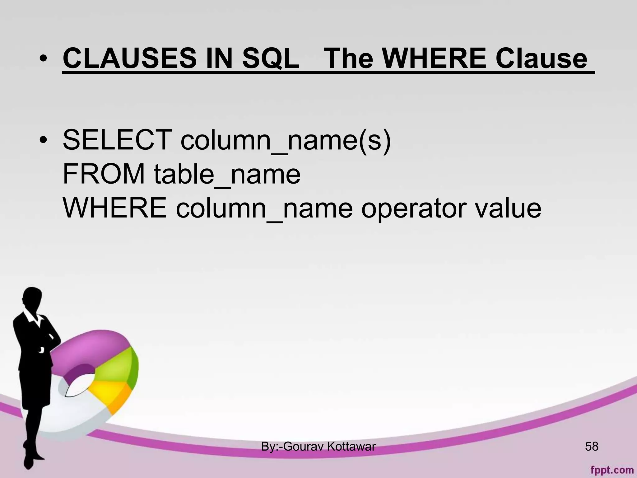 • CLAUSES IN SQL The WHERE Clause
• SELECT column_name(s)
FROM table_name
WHERE column_name operator value
By:-Gourav Kottawar 58
 