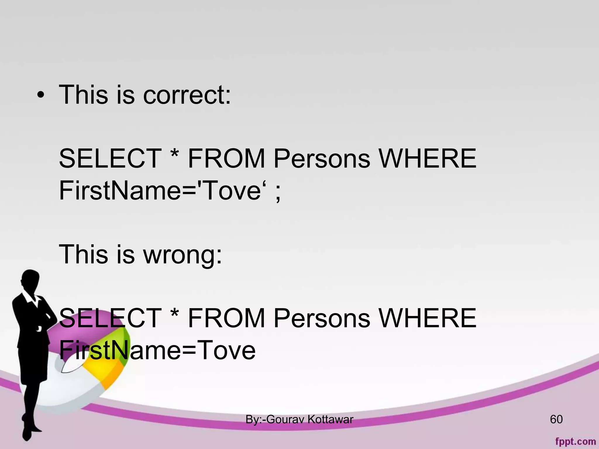 • This is correct:
SELECT * FROM Persons WHERE
FirstName='Tove‘ ;
This is wrong:
SELECT * FROM Persons WHERE
FirstName=Tove
By:-Gourav Kottawar 60
 