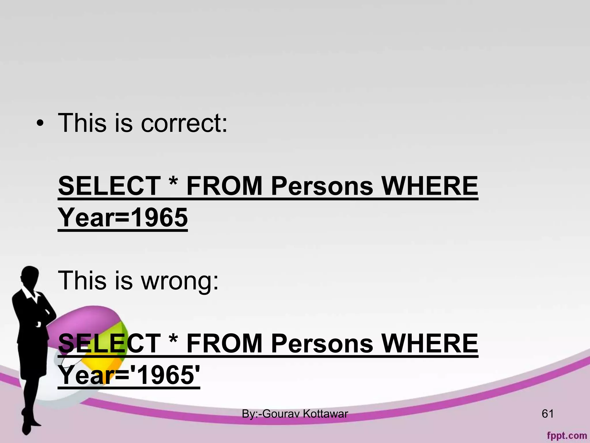 • This is correct:
SELECT * FROM Persons WHERE
Year=1965
This is wrong:
SELECT * FROM Persons WHERE
Year='1965'
By:-Gourav Kottawar 61
 