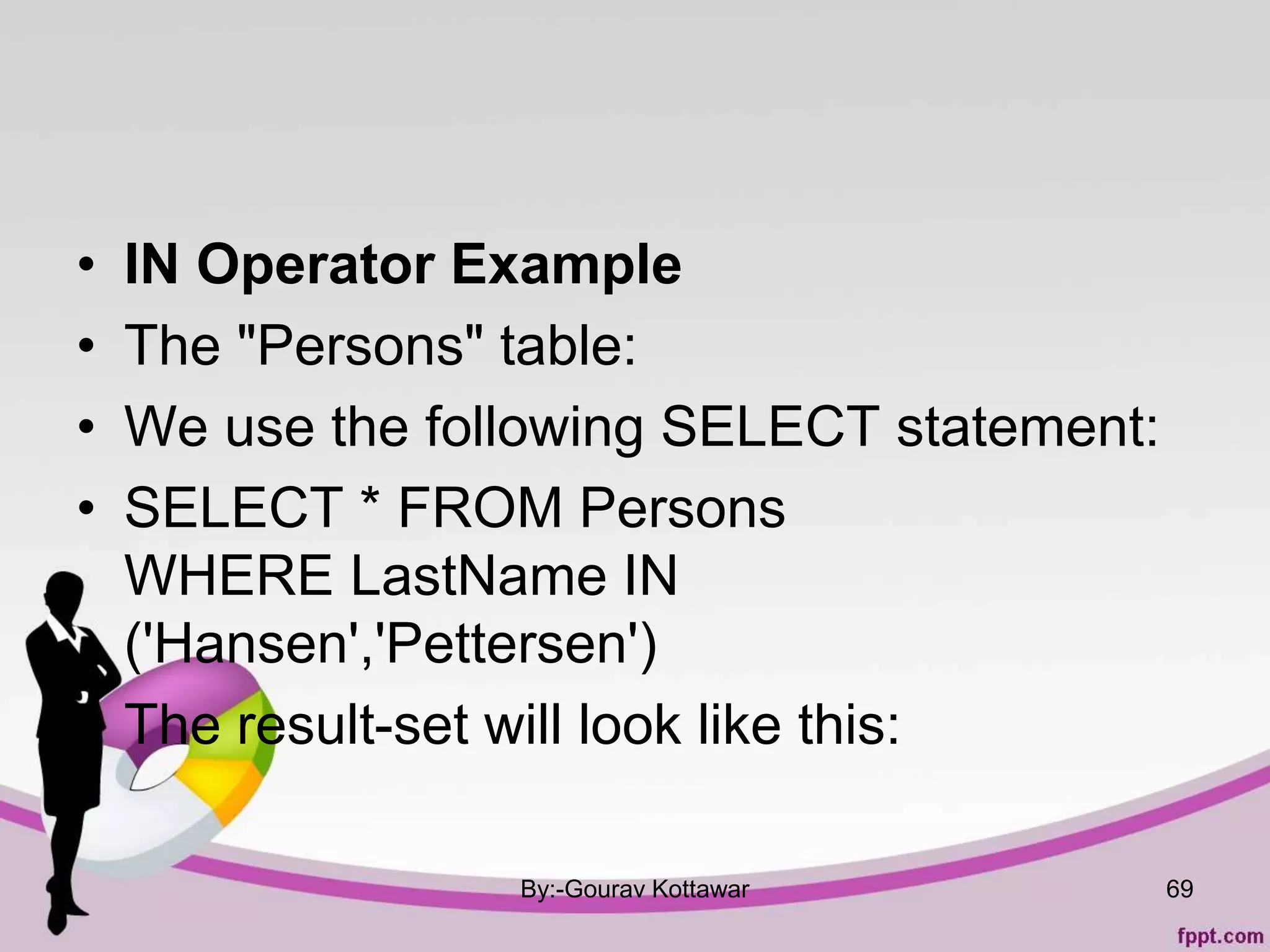 • IN Operator Example
• The "Persons" table:
• We use the following SELECT statement:
• SELECT * FROM Persons
WHERE LastName IN
('Hansen','Pettersen')
• The result-set will look like this:
By:-Gourav Kottawar 69
 