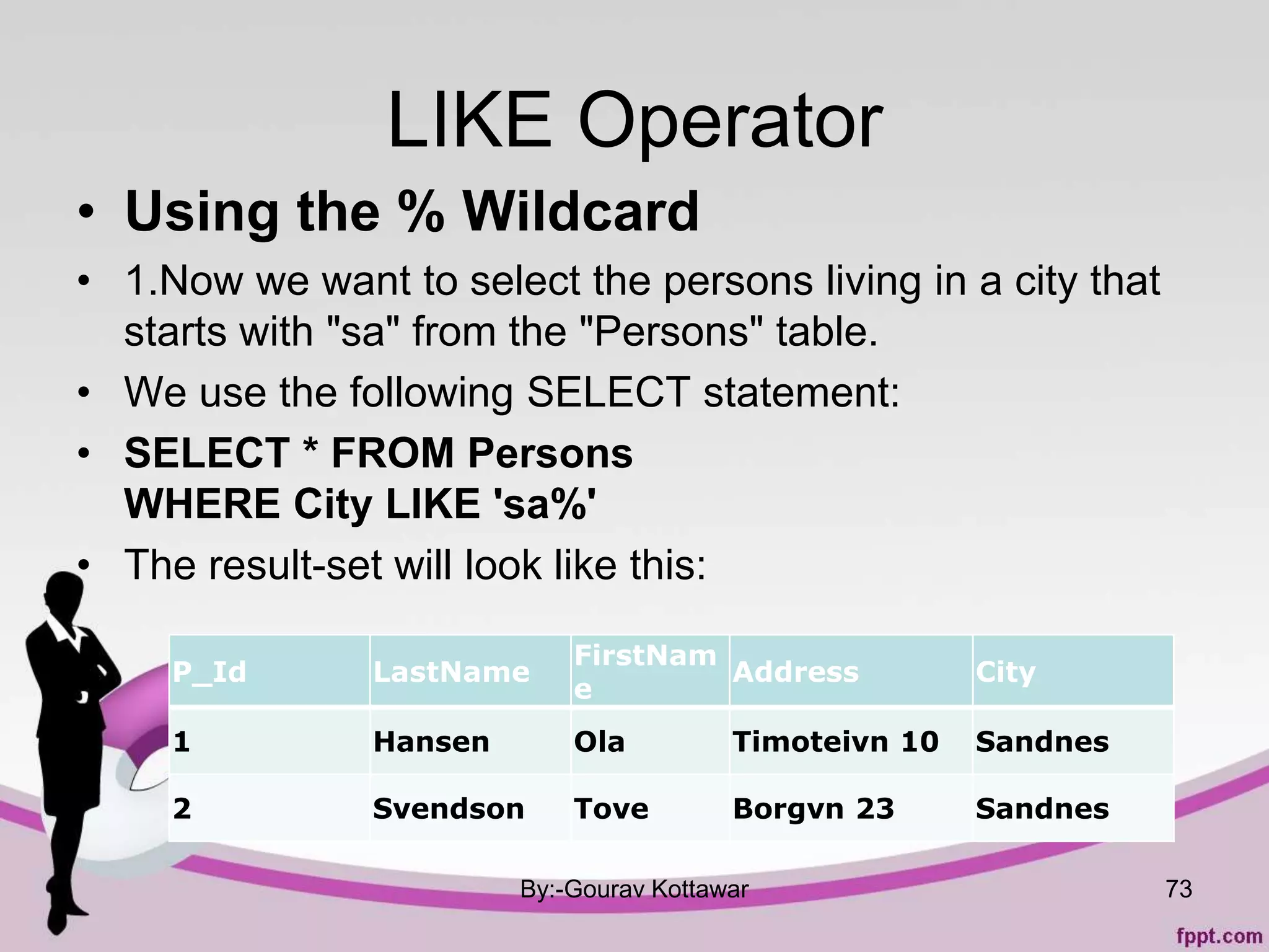 LIKE Operator
• Using the % Wildcard
• 1.Now we want to select the persons living in a city that
starts with "sa" from the "Persons" table.
• We use the following SELECT statement:
• SELECT * FROM Persons
WHERE City LIKE 'sa%'
• The result-set will look like this:
By:-Gourav Kottawar 73
P_Id LastName
FirstNam
e
Address City
1 Hansen Ola Timoteivn 10 Sandnes
2 Svendson Tove Borgvn 23 Sandnes
 