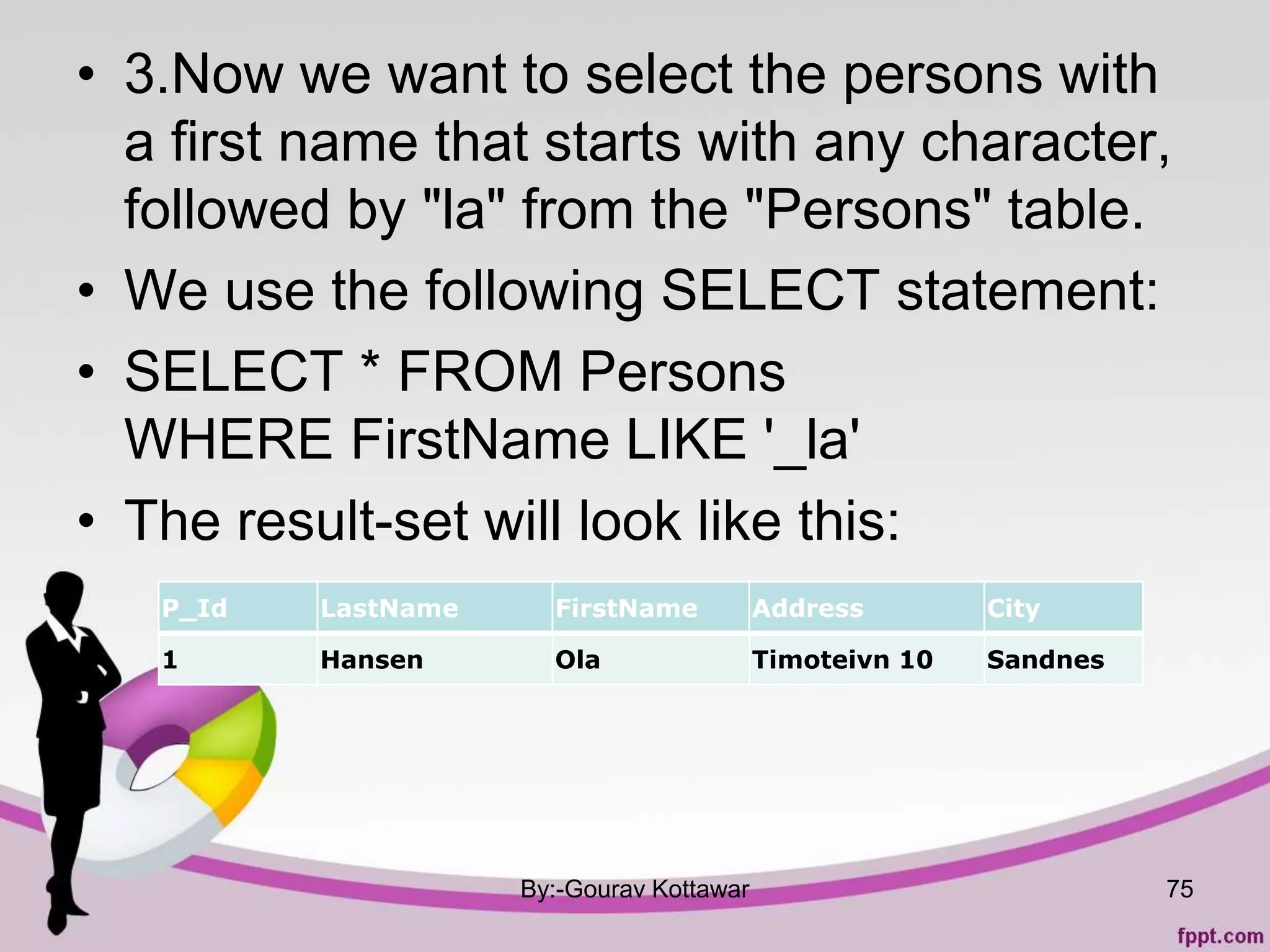 • 3.Now we want to select the persons with
a first name that starts with any character,
followed by "la" from the "Persons" table.
• We use the following SELECT statement:
• SELECT * FROM Persons
WHERE FirstName LIKE '_la'
• The result-set will look like this:
By:-Gourav Kottawar 75
P_Id LastName FirstName Address City
1 Hansen Ola Timoteivn 10 Sandnes
 