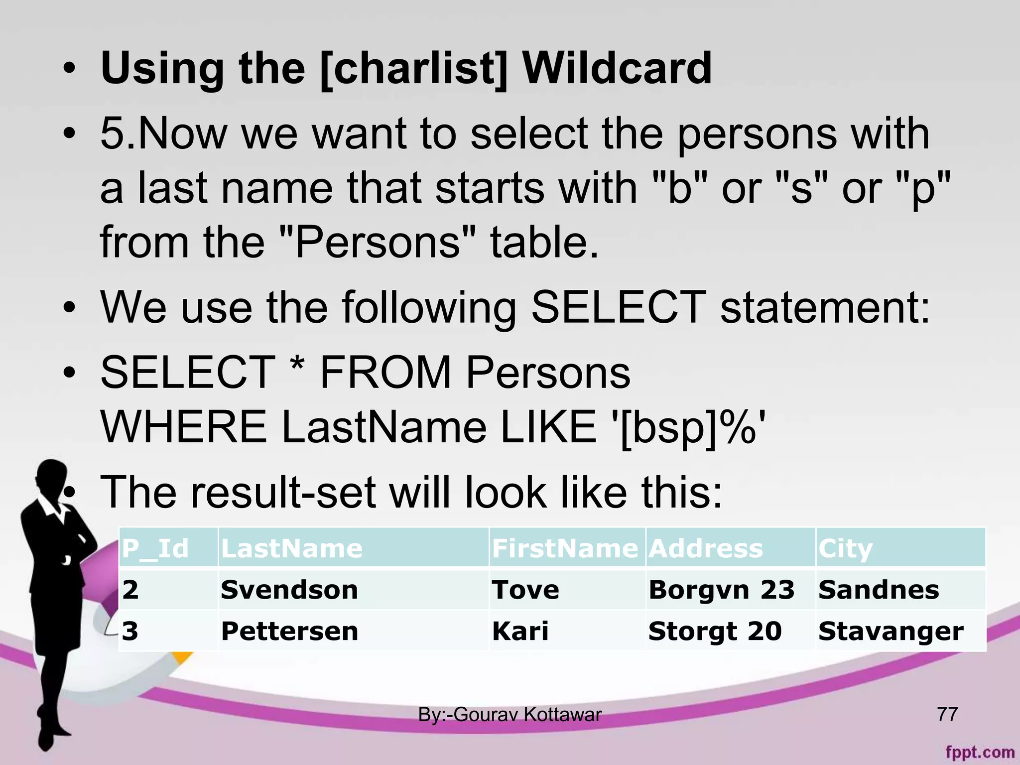 • Using the [charlist] Wildcard
• 5.Now we want to select the persons with
a last name that starts with "b" or "s" or "p"
from the "Persons" table.
• We use the following SELECT statement:
• SELECT * FROM Persons
WHERE LastName LIKE '[bsp]%'
• The result-set will look like this:
By:-Gourav Kottawar 77
P_Id LastName FirstName Address City
2 Svendson Tove Borgvn 23 Sandnes
3 Pettersen Kari Storgt 20 Stavanger
 