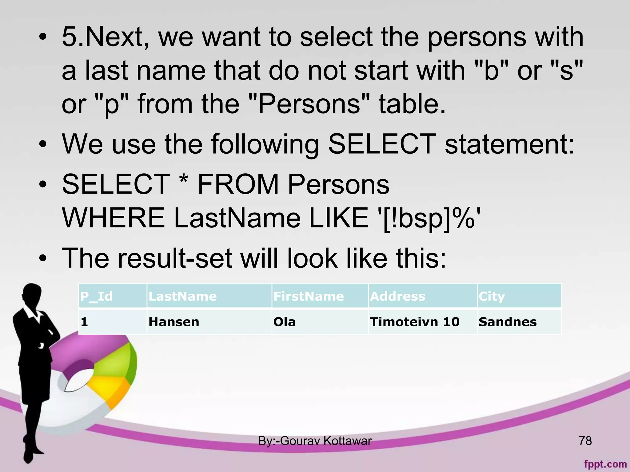 • 5.Next, we want to select the persons with
a last name that do not start with "b" or "s"
or "p" from the "Persons" table.
• We use the following SELECT statement:
• SELECT * FROM Persons
WHERE LastName LIKE '[!bsp]%'
• The result-set will look like this:
By:-Gourav Kottawar 78
P_Id LastName FirstName Address City
1 Hansen Ola Timoteivn 10 Sandnes
 
