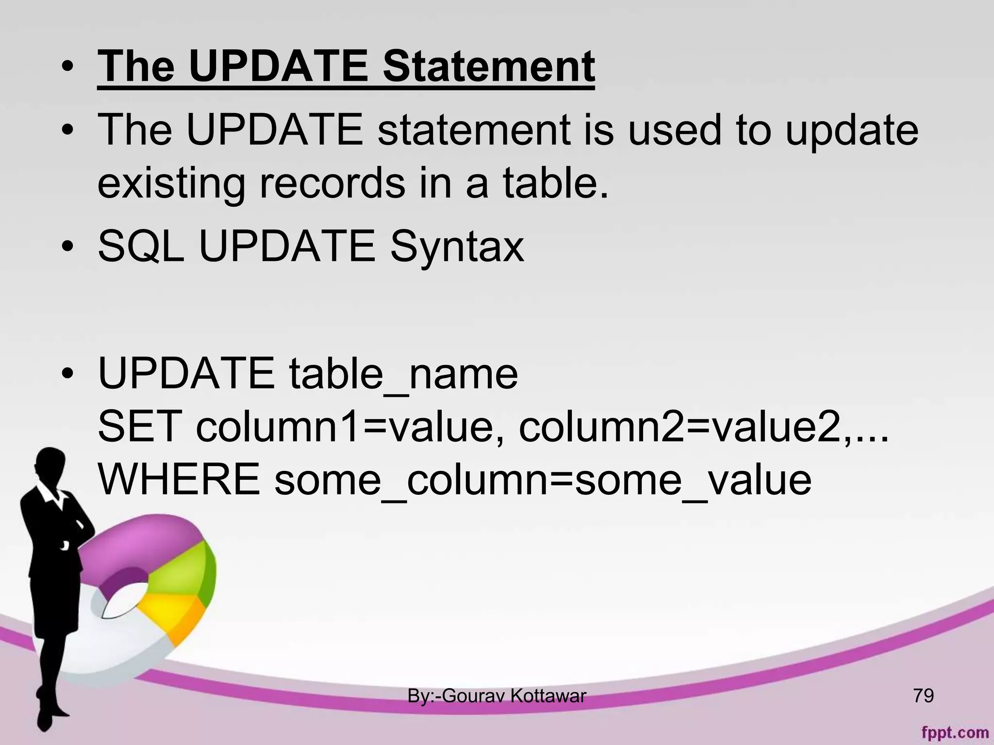• The UPDATE Statement
• The UPDATE statement is used to update
existing records in a table.
• SQL UPDATE Syntax
• UPDATE table_name
SET column1=value, column2=value2,...
WHERE some_column=some_value
By:-Gourav Kottawar 79
 