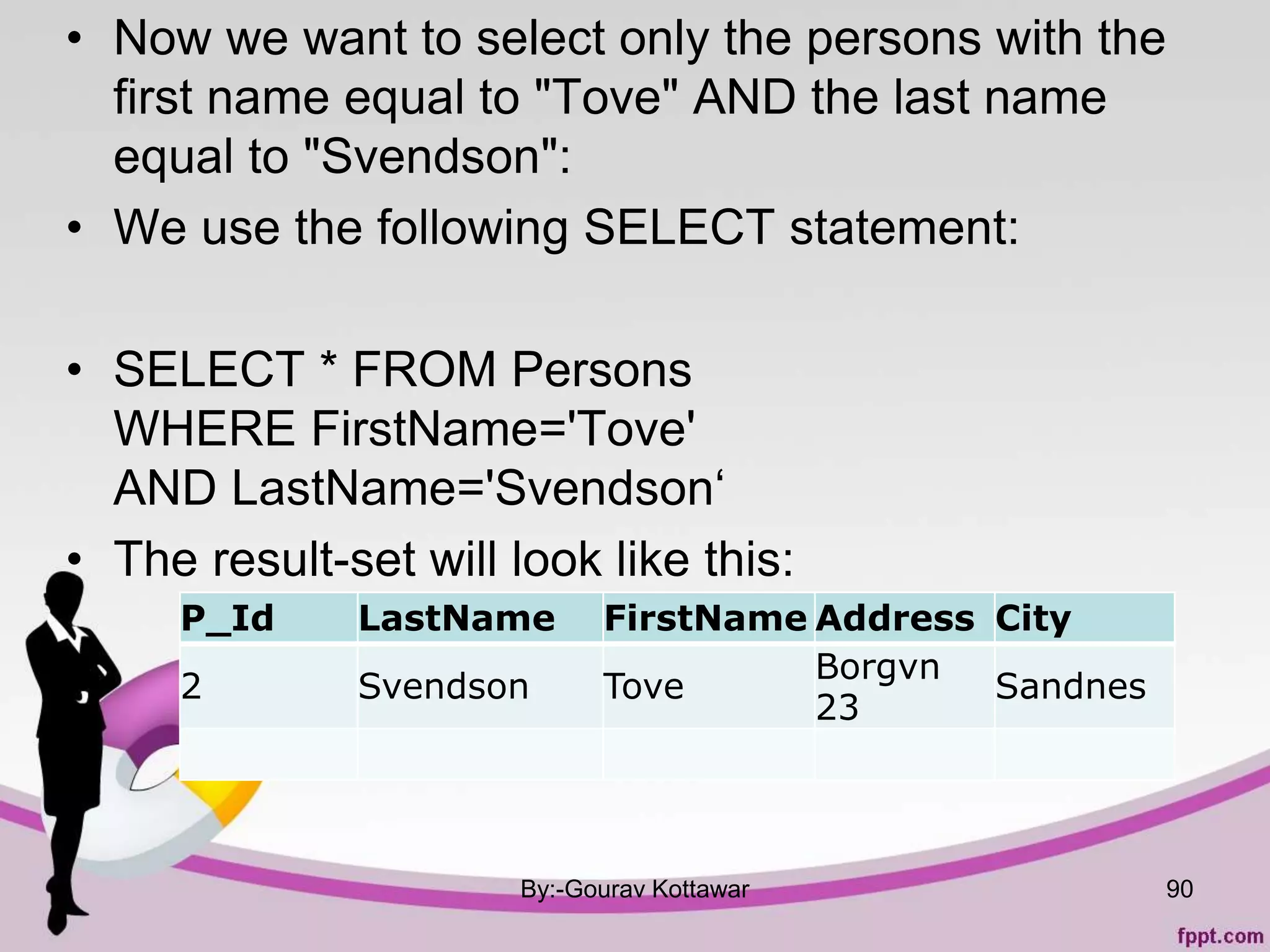 • Now we want to select only the persons with the
first name equal to "Tove" AND the last name
equal to "Svendson":
• We use the following SELECT statement:
• SELECT * FROM Persons
WHERE FirstName='Tove'
AND LastName='Svendson‘
• The result-set will look like this:
By:-Gourav Kottawar 90
P_Id LastName FirstName Address City
2 Svendson Tove
Borgvn
23
Sandnes
 