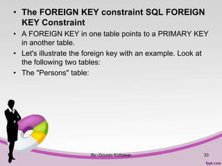 • The FOREIGN KEY constraint SQL FOREIGN
KEY Constraint
• A FOREIGN KEY in one table points to a PRIMARY KEY
in another table.
• Let's illustrate the foreign key with an example. Look at
the following two tables:
• The "Persons" table:
By:-Gourav Kottawar 33
 