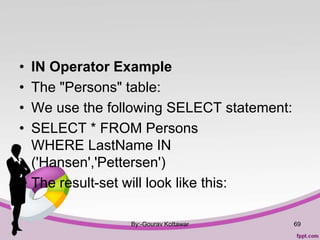 • IN Operator Example
• The "Persons" table:
• We use the following SELECT statement:
• SELECT * FROM Persons
WHERE LastName IN
('Hansen','Pettersen')
• The result-set will look like this:
By:-Gourav Kottawar 69
 