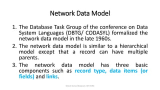 Network Data Model
1. The Database Task Group of the conference on Data
System Languages (DBTG/ CODASYL) formalized the
network data model in the late 1960s.
2. The network data model is similar to a hierarchical
model except that a record can have multiple
parents.
3. The network data model has three basic
components such as record type, data items (or
fields) and links.
Dinesh Kumar Bhawnani, BIT DURG
 