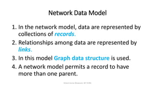 Network Data Model
1. In the network model, data are represented by
collections of records.
2. Relationships among data are represented by
links.
3. In this model Graph data structure is used.
4. A network model permits a record to have
more than one parent.
Dinesh Kumar Bhawnani, BIT DURG
 