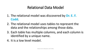 Relational Data Model
1. The relational model was discovered by Dr. E. F.
Codd.
2. The relational model uses tables to represent the
data and the relationships among those data.
3. Each table has multiple columns, and each column is
identified by a unique name.
4. It is a low level model.
Dinesh Kumar Bhawnani, BIT DURG
 