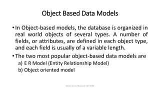 Object Based Data Models
•In Object-based models, the database is organized in
real world objects of several types. A number of
fields, or attributes, are defined in each object type,
and each field is usually of a variable length.
•The two most popular object-based data models are
a) E R Model (Entity Relationship Model)
b) Object oriented model
Dinesh Kumar Bhawnani, BIT DURG
 