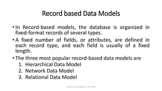 Record based Data Models
Dinesh Kumar Bhawnani, BIT DURG
• In Record-based models, the database is organized in
fixed-format records of several types.
• A fixed number of fields, or attributes, are defined in
each record type, and each field is usually of a fixed
length.
• The three most popular record-based data models are
1. Hierarchical Data Model
2. Network Data Model
3. Relational Data Model
 