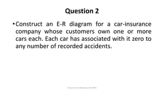 Question 2
•Construct an E-R diagram for a car-insurance
company whose customers own one or more
cars each. Each car has associated with it zero to
any number of recorded accidents.
Dinesh Kumar Bhawnani, BIT DURG
 