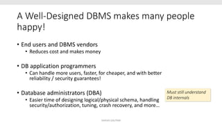 A Well-Designed DBMS makes many people
happy!
• End users and DBMS vendors
• Reduces cost and makes money
• DB application programmers
• Can handle more users, faster, for cheaper, and with better
reliability / security guarantees!
• Database administrators (DBA)
• Easier time of designing logical/physical schema, handling
security/authorization, tuning, crash recovery, and more…
Must still understand
DB internals
SHIKHA GAUTAM
 